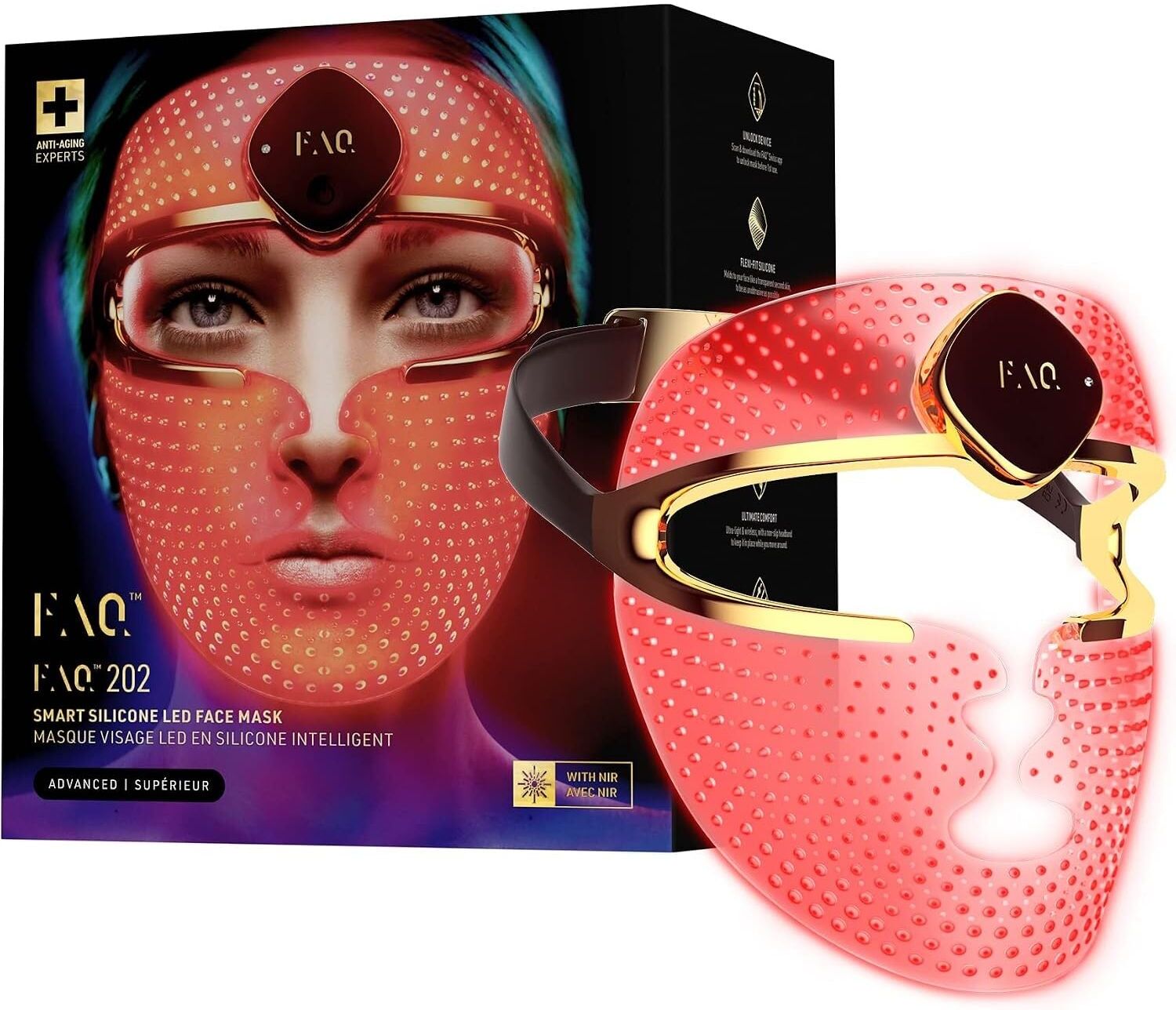 FAQ™ 202 Advanced 8-Colour LED Face Mask – 600 LED Light Points, NIR & Red Light Therapy, Flexi-Fit Silicone, App Control, New