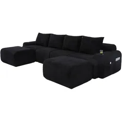 MODFU Kombinationssofa Cord Schwarz 333x174x80 cm, modulares 4-Sitzer-Sofa mit Cupholder und Seitentasche