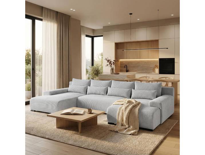 Ecksofa BENNY Hellgrau U-Form Modernes Polstersofa mit Schlaffunktion und Bettkasten