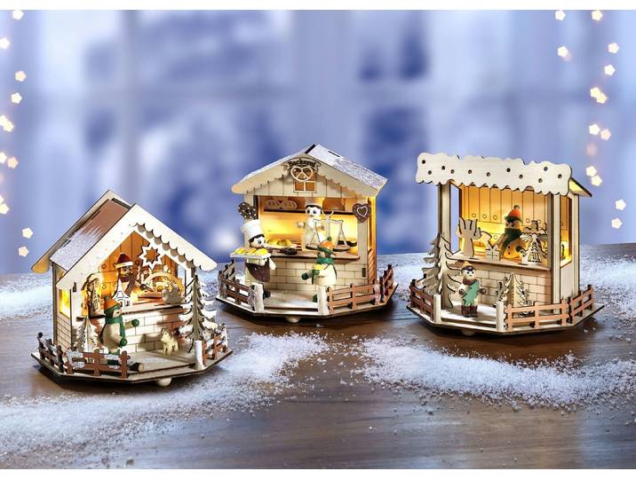 Weihnachtsmarktstand aus Holz mit LED-Beleuchtung, Natur, Stand Tischpyramiden mit Kind