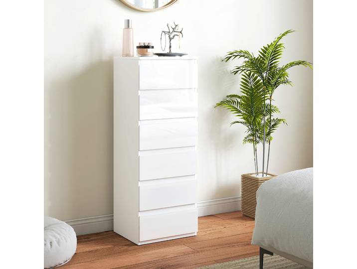 HOMCOM Commode 6 Tiroirs Haute Brillance 40x35x109cm Blanc