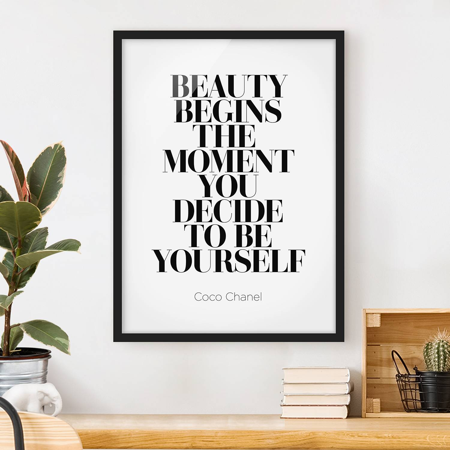 home24 Be Yourself Coco Chanel poster met houten frame, wit/zwart, 70 x 100 cm