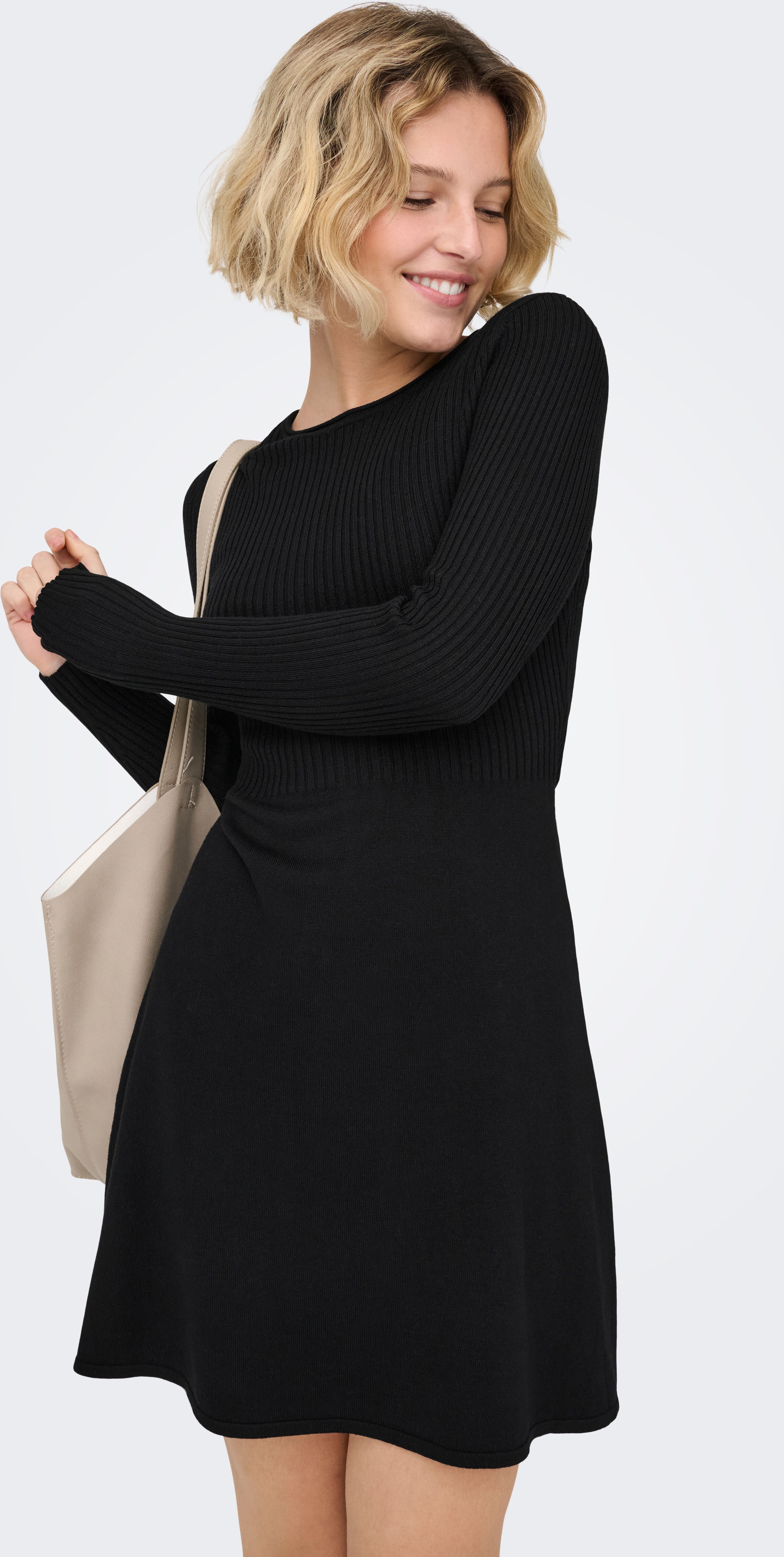Minikleid ONLY "ONLMISTY LIFE LS O-NECK RIB DRES EX KNT", Damen, Gr. S, N-Gr, Langarm, Rippstrick, schwarz, Rippstrick, Obermaterial: 70% Viskose, 30% Nylon, unifarben, regular fit kurz, Rundhals, Kleider Minikleid, Viskosemischung, regular fit, Rundhals 