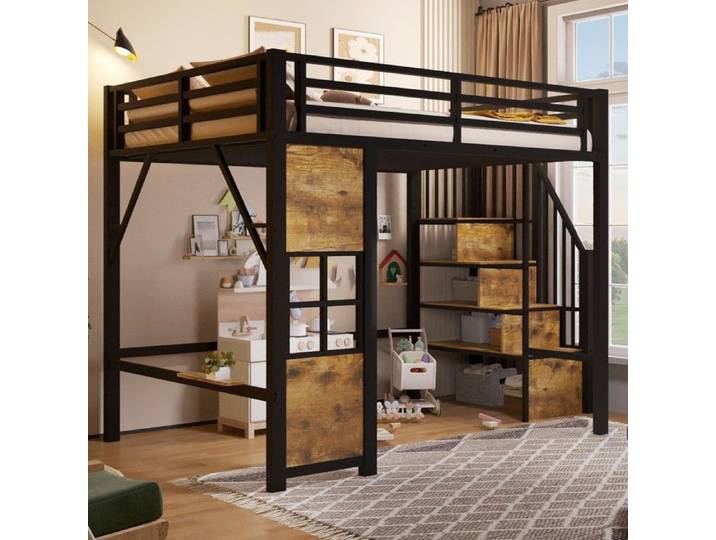 Lit mezzanine - MINIMAL - métal noir 140x200 garde-corps échelle rangement fenêtre sans matelas