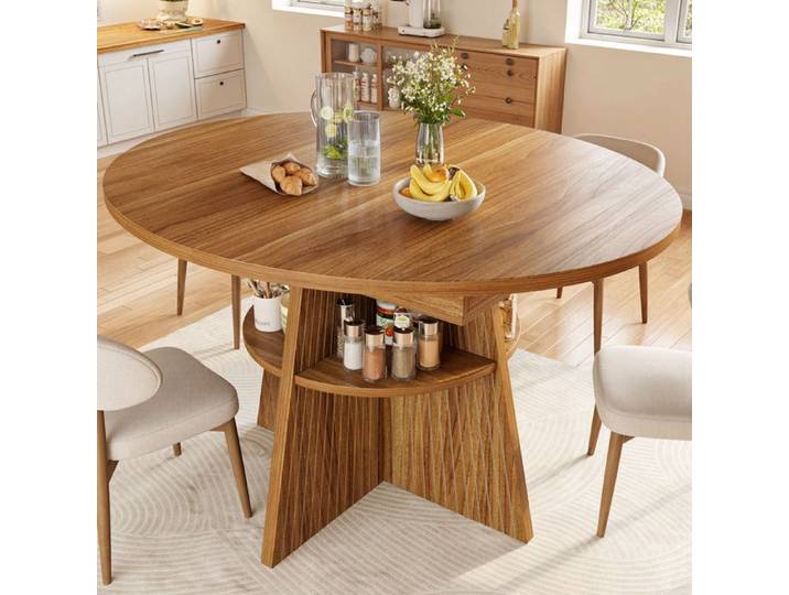 MEULVA Table à manger extensible ronde à rectangulaire MDF métal marron foncé avec rangement ouvert