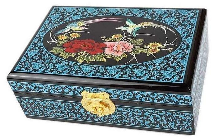 Solidchoice Sieradenbox van Hout met Asian Decoratie - Blauw