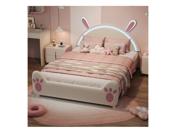 Yelenaro Polsterbett Kinderbett Einzelbett Jugendbett (Packung, 1-tlg., Jugendbett), 140x200 cm,Hasenförmiges Design,Samtstoff - Rosa