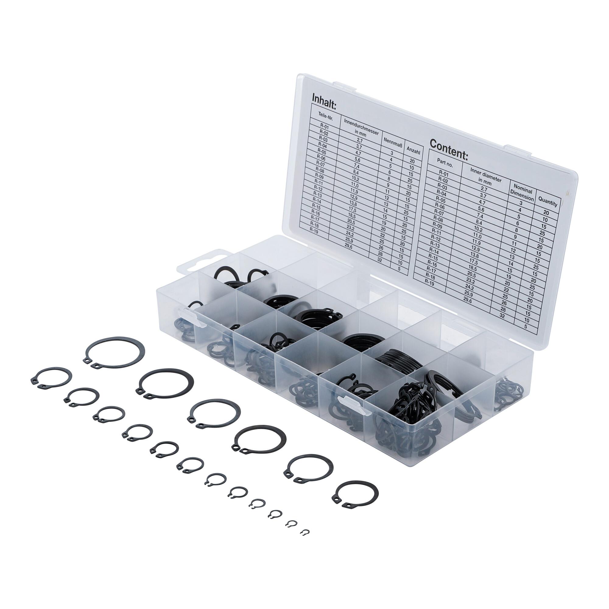 BGS technic 8046 Außen-Seegerring-Sortiment aus Federstahl mit Sprengringen von Ø 3 - 32 mm (300-tlg.) für Wellen)