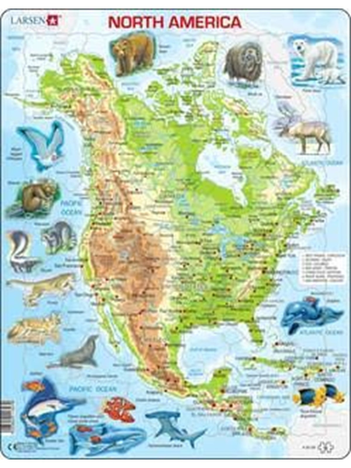 Larsen Puzzles Puzzle Nordamerika topografische Karte mit Tieren - 6 2D Puzzles