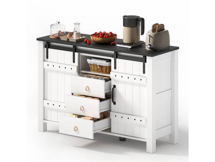 Oxeza Sideboard 120/40/80 cm Weiß mit Schiebetüren und 3 Schubladen, Holz, Nachbildung,Recyclingholz, Mode, Rechteckig, 120x80x40 cm, Kleinmöbel, Kommoden, Sideboards