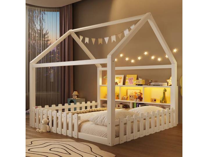 Lit cabane enfant - 140x190 cm - Barrière de sécurité - Bande lumineuse LED - Étagères ouvertes - Design maison