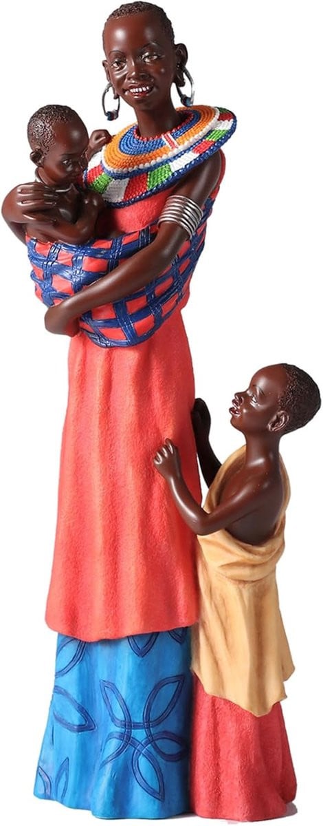 Afrikaanse Kinderfiguur in Masaï Stijl - Multicolor Decoratie - Hoogte: 26 cm