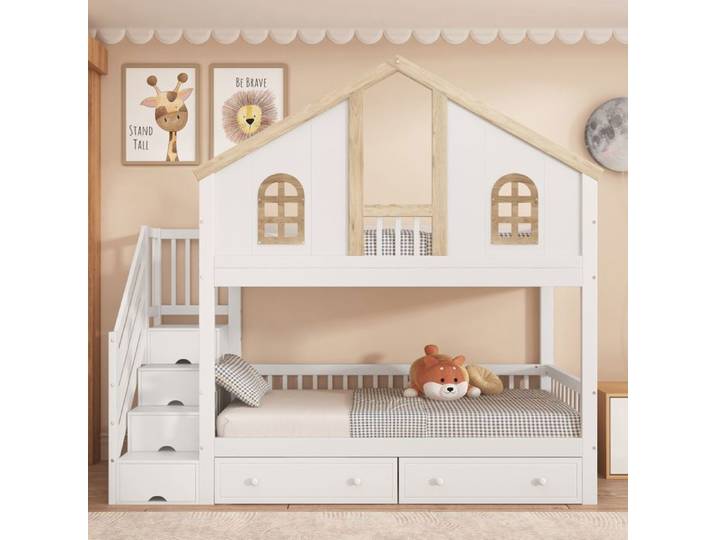 Lit superposé enfant 90x200cm - Becag - Lit cabane enfant avec escalier de rangement 2 tiroirs - Lit enfant - Blanc+Naturel