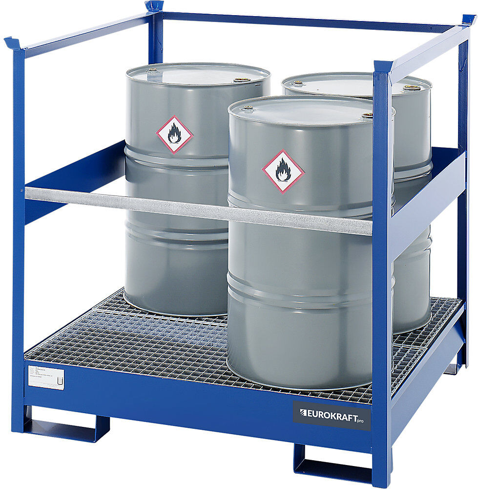 Fass-Stapelpaletten für Transport und Lagerung, Rücken- und Seiten-Stahlrahmen offen, stapelbar, für 4 Fässer, blau eurokraft pro