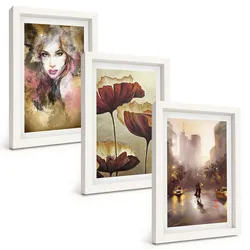 BILDER SET 3er Set - 20x30 cm Weißer Rahmen - Abstraktes Porträt einer Frau mit Blumen und Regen