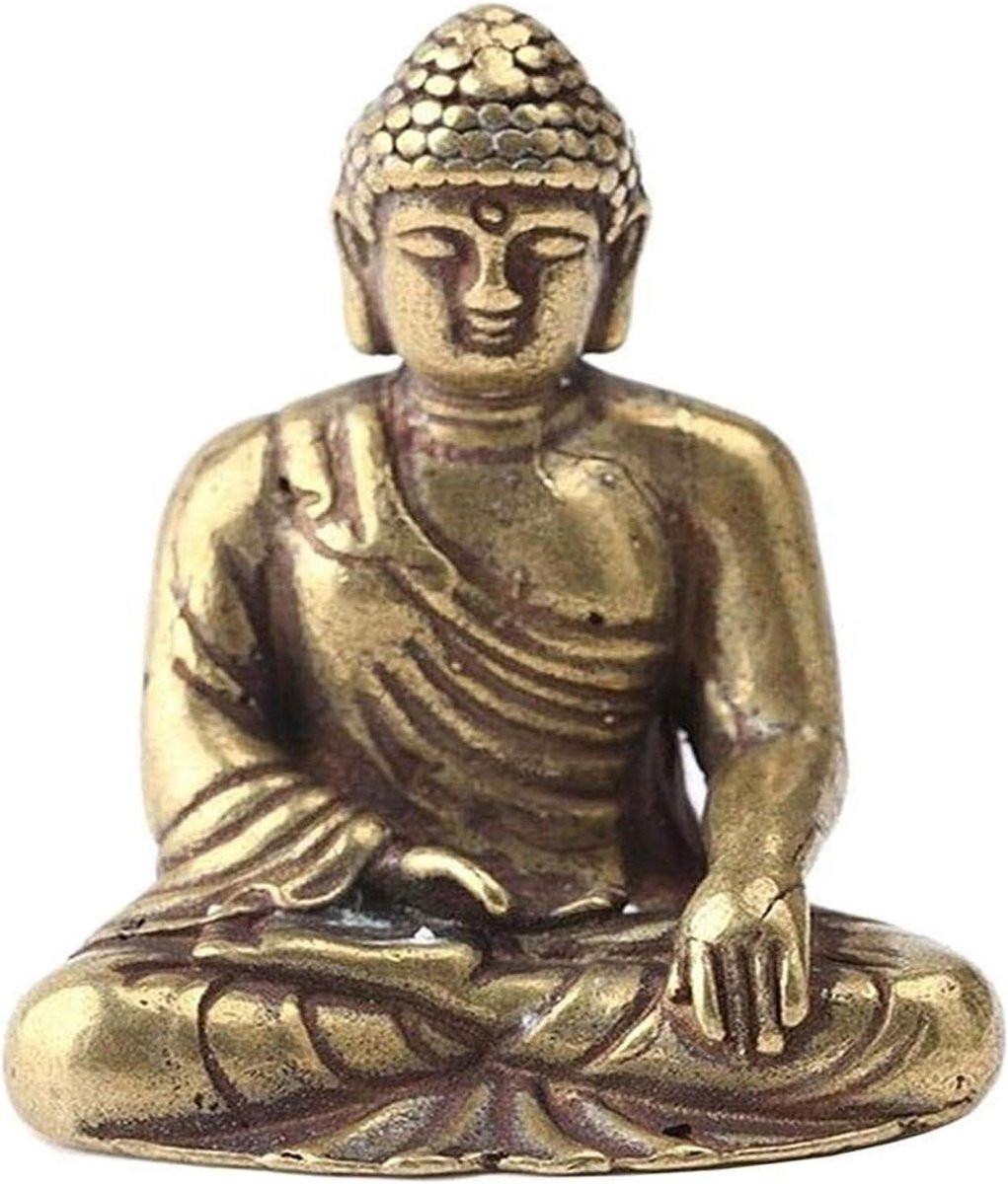 Handgesneden Boeddha Beeld - Koperen Messing Sculptuur voor Tafeldecoratie - H 42 x B 35 x D 25 cm