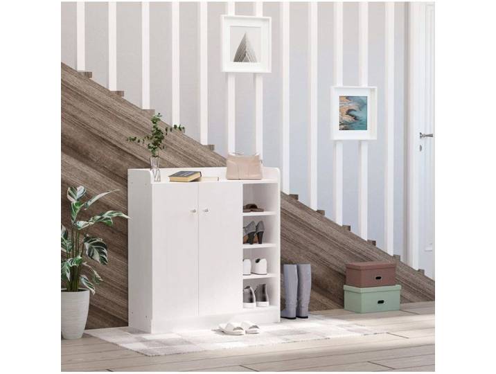 Meuble à chaussures blanc 2 portes 4 étagères 83x30x90 cm rangement entrée compact moderne JOINERY
