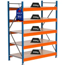 PROREGAL Industrie Schwerlastregal MAXIMUS PRO, Grundregal, HxBxT 200x150x80cm, 5 Ebenen, Spanplatten-Fachboden, Fachlast 850 kg, Blau/Orange