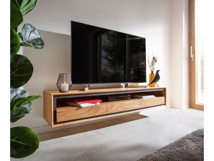Buffet bas Stonegrace 175 cm acacia nature 1 compartiment 3 tiroirs placage en pierre flottant