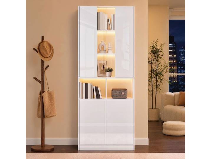 Vitrine haute avec vitre transparente en acrylique éclairage LED commandé par application 4 portes étagères réglables blanche