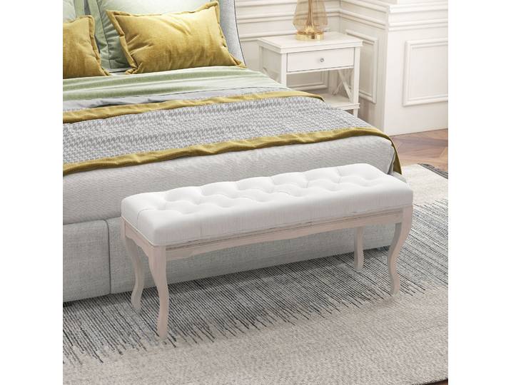 HOMCOM Banc Classique 110cm Lin Rembourré Bois Blanc Crème