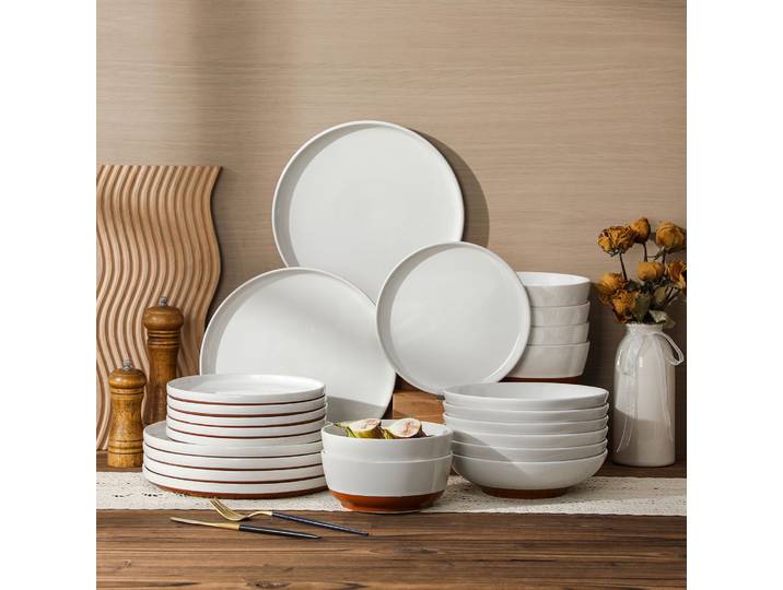 Service de table en grès MALACASA 12/16/18/24 pièces, finition émail sésame, bords incurvés, avec 4/6 pièces pour dîner/dessert/bol/soupe