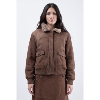 Kurzblazer ZHRILL "BINE", Damen, Gr. L, braun, Web;Velours, Obermaterial: 100% Polyester, unifarben, bequem hüftlang, Rundhals, Blazer Kurzblazer, Velourblouson mit Teddykragen / Reißverschluss