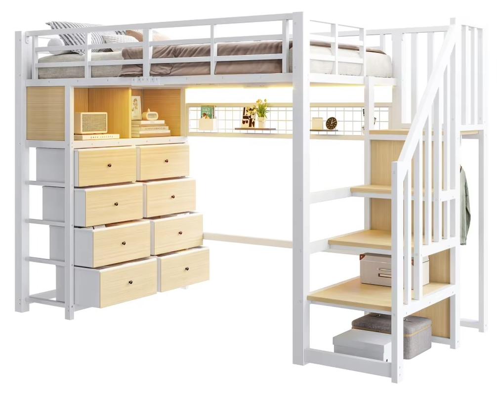 Kinder-Hochbett 90x200 cm - Etagenbett - Stauraum - Leiter - Regale - MDF und Metall - Weiß