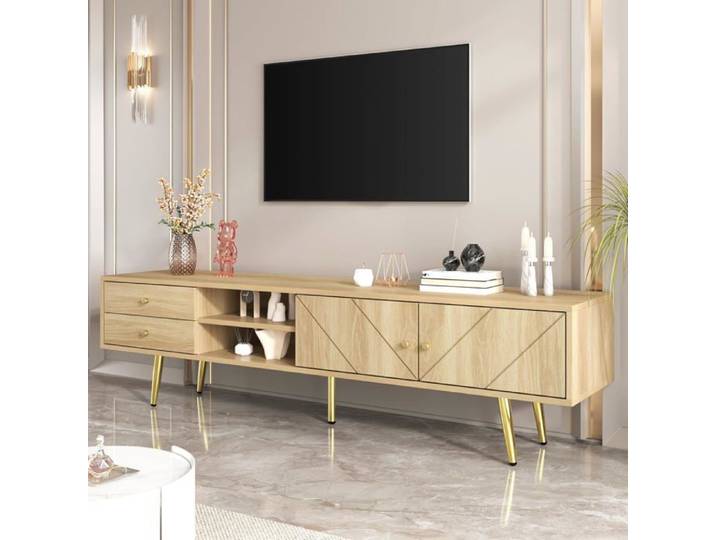 TV Stand 160cm with Gold Legs - Modern TV Stand with 2 Drawers and 2 Doors - Durable - Large Storage Space Wood - 160 x 36 x 42 cm
