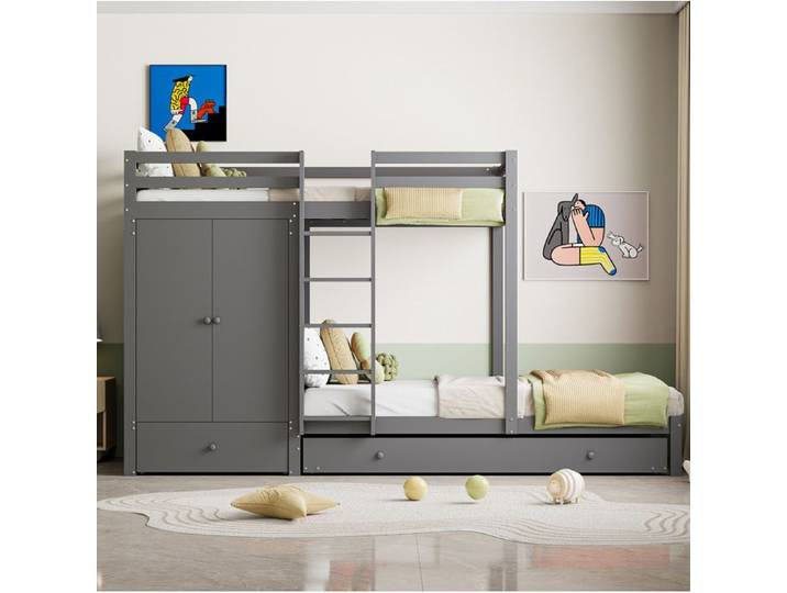 Lit superposé multifonction en bois gris avec lit gigogne armoire et tiroirs