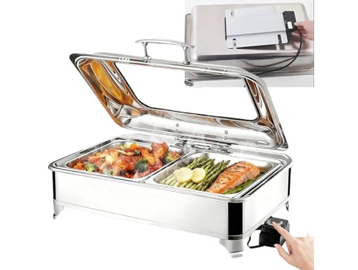 BOVDC Elektrischer Chafing Dish Glasdeckel, 9L Edelstahl(1/2 Pan) Speisewärmer Buffetwärmer Elektrisch Einstellbarer Temperatur, Elektrisch Warmhaltebehälter Essen für Hotels, Buffet, Partys