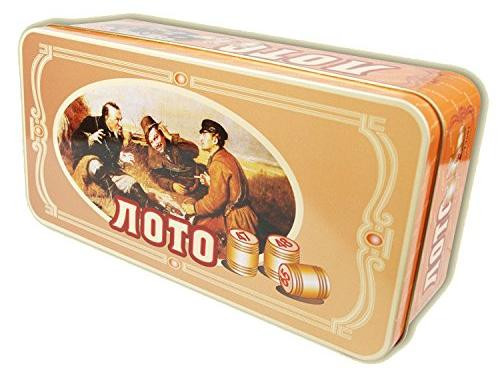 Russische Lotto speelset met metalen doos en houten figuren