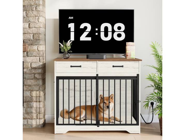 Meuble pour chien avec prise électrique, boîte pour chien pour la maison avec porte coulissante style grange et 2 tiroirs, buffet 3 portes