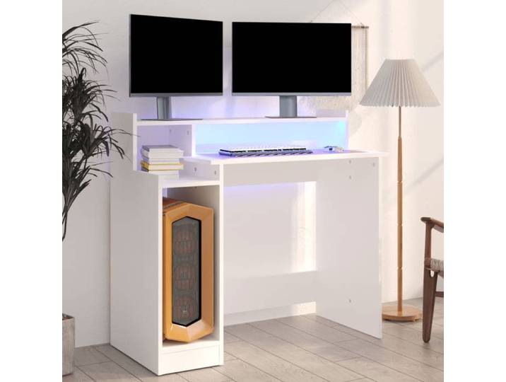 SALE 2026  Bureau moderne compact Blanc - Bureau avec lumières LED Blanc 97x45x90cm - bois d'ingénierie PRO890544435
