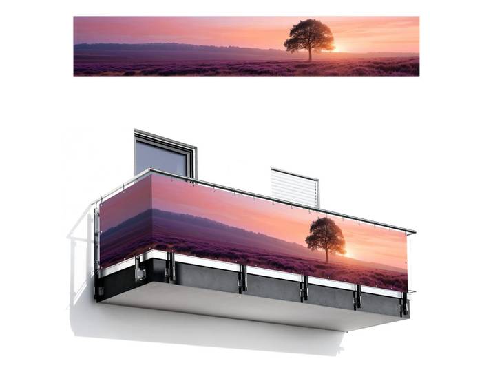 MuchoWow Balkon-Sichtschutz Baum - Heidekraut - Sonnenaufgang, Flieder, Kunststoff, Rechteckig, 500x85 cm, Sonnenschutz, Sichtschutz