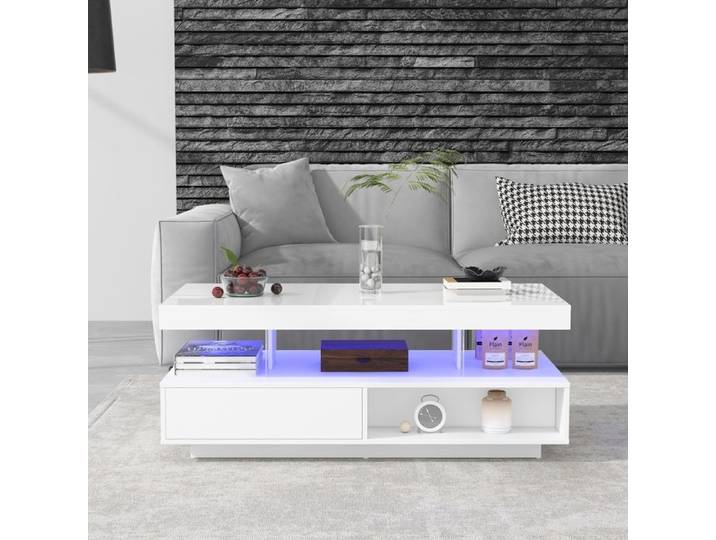 Table basse blanche brillante - 4 plateaux verre 2 tiroirs et 2 casiers ouverts - Fonctionnelle pour salon moderne