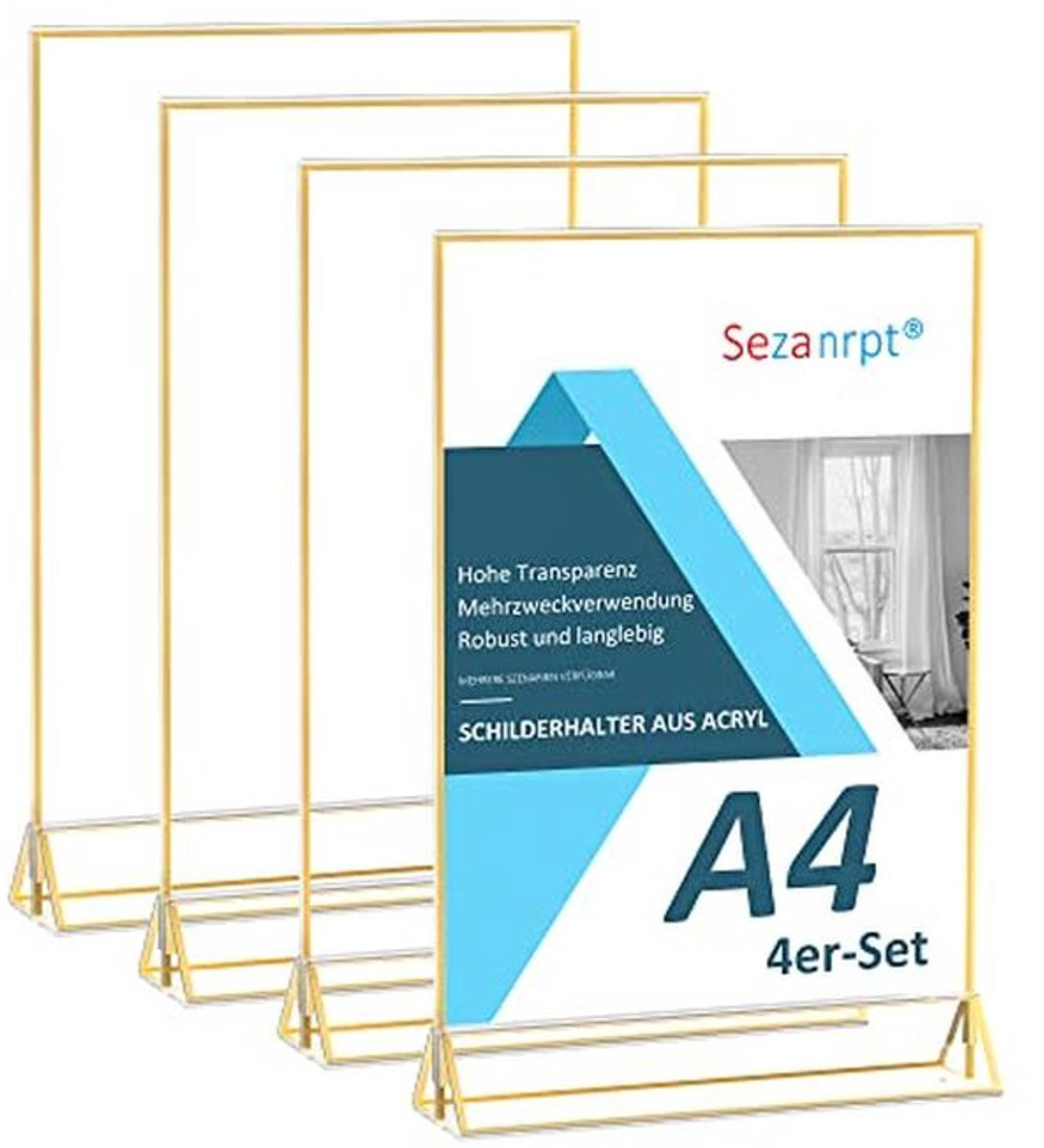 Sezanrpt Set van 4 A4 Acryl Tekenhouders met Gouden Bord, Dubbelzijdige Displaystandaard voor Menukaarten en Tafelnummers