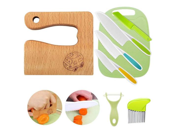 Kindermesser 8-teiliges Set Holz und Kunststoff, Mehrfarbig, Füttern, Kinderbesteck