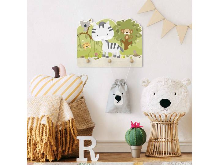 Patère enfants bébé zèbre dans la savane 40 x 30 x 1cm Vert/Gris