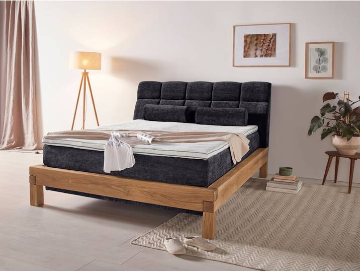 Boxspringbett, Massivholz-Balkeneiche, Schwarz, 160×200 cm, Inside-Boxspring-Unterbau, Klassisch, Home-affaire