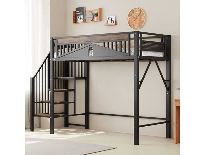 Lit Mezzanine Enfant 90x200cm avec Escalier de Sécurité Lit Mezzanine 1 Place avec Design de Fenêtre Métal Noir