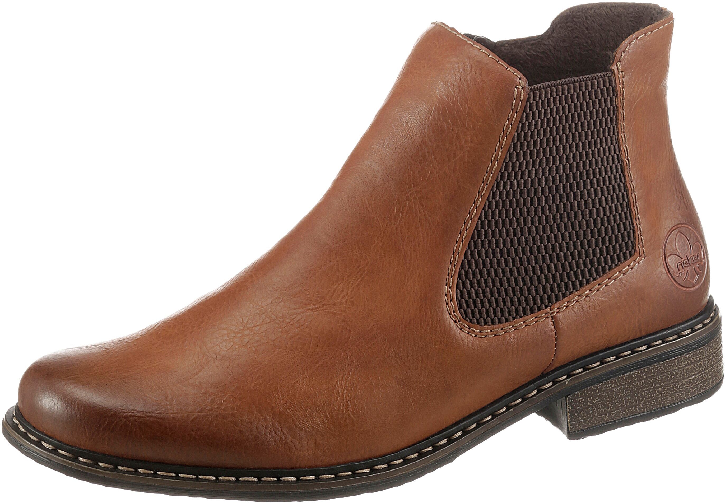 Chelseaboots RIEKER, Damen, Gr. 37, wärmend, braun (cognac, used), Lederimitat, used, Schuhe Chelseaboots, Stiefelette, Boots, Blockabsatz, in klassischer Optik cognac, used 37, wärmend