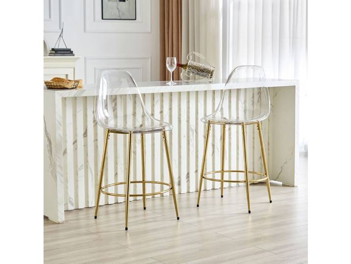 SENVIRO Lot de 2 tabourets de bar transparents hauteur totale 102 cm assise 66 cm PET et métal doré