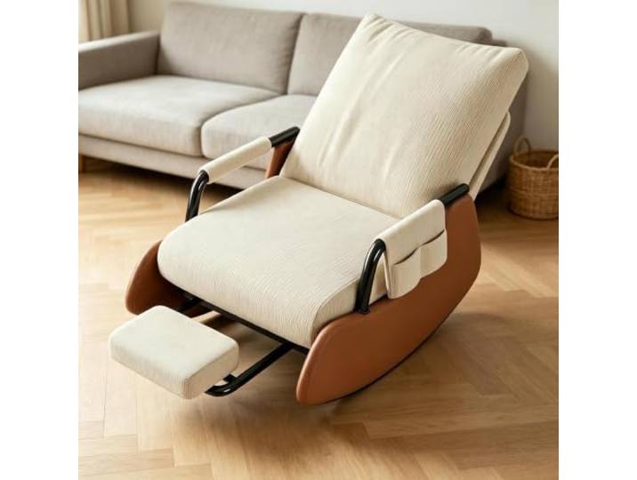 kumamart Komfort Schaukelstuhl mit Ausziehbarer Fußstütze Bequemer Schaukelsessel mit 60cm breiter Sitzfläche und platzsparender Beinauflage fürs Wohnzimmer.