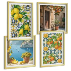 BILDER SET 4er Set - 50x50 cm & 40x60 cm Goldrahmen - Zitronen, Blumen, Orangen, Italien
