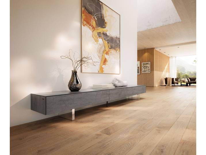 DELIFE Lowboard Cuor 250 cm Keramik Beton Grau 1 Klappe 1 Schubfach Fuß Schwebeoptik Acrylglas, Lowboards