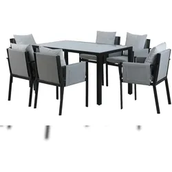 Möbilia Garten-Essgruppe | 1 Tisch, 6 Stühle | Stahl schwarz, Glas und Olefin in grau | 28020041 | Serie GARTEN