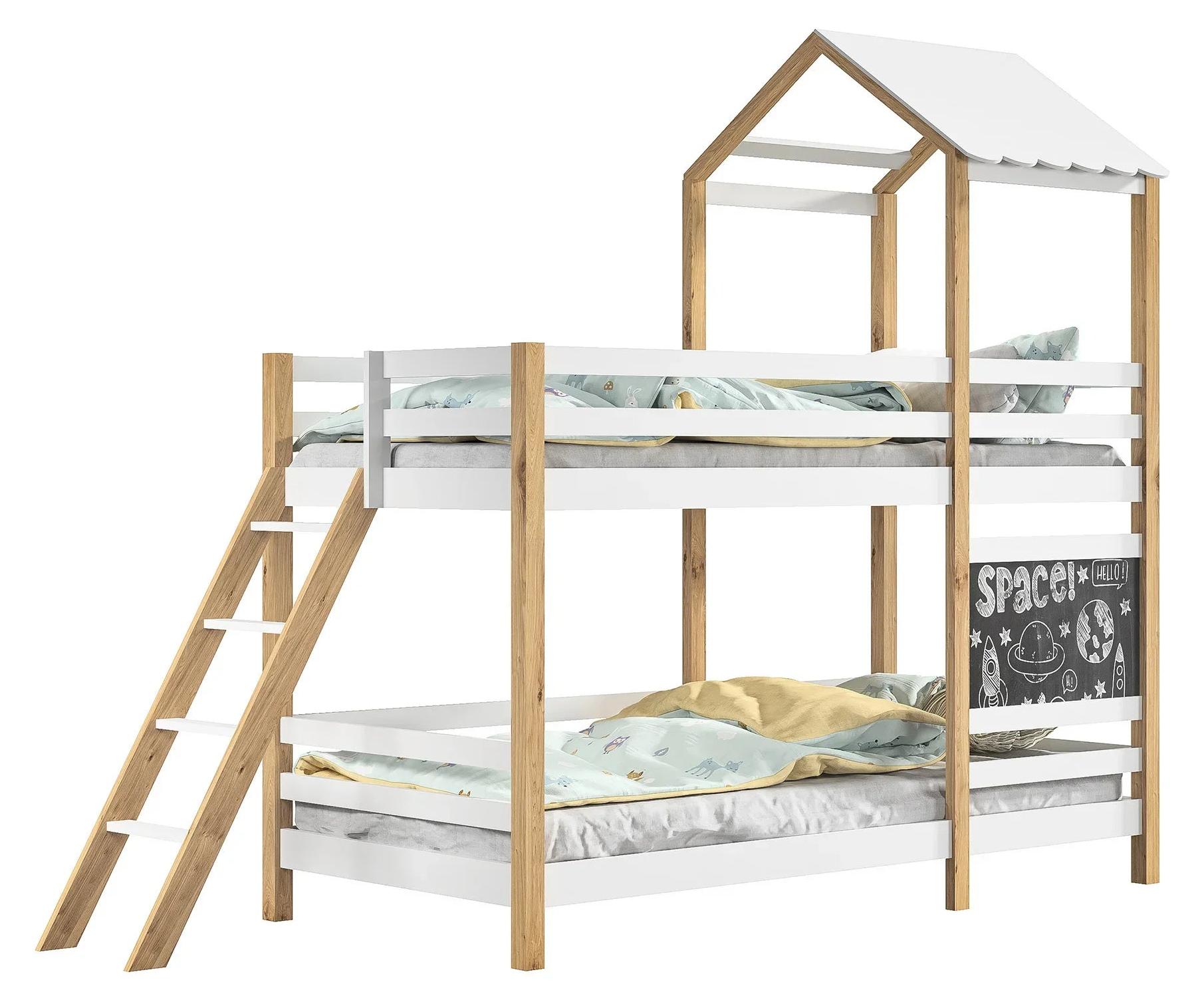 Etagenbett - Kinderetagenbett - Hausbett - Spielbett - Bett mit Sicherheitsgitter - Aus MDF und Kiefernholz - 90x200 cm