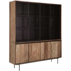 Vitrine Metropole aus Teak und Metall, Industrial Design, natur und schwarz, 4 Türen