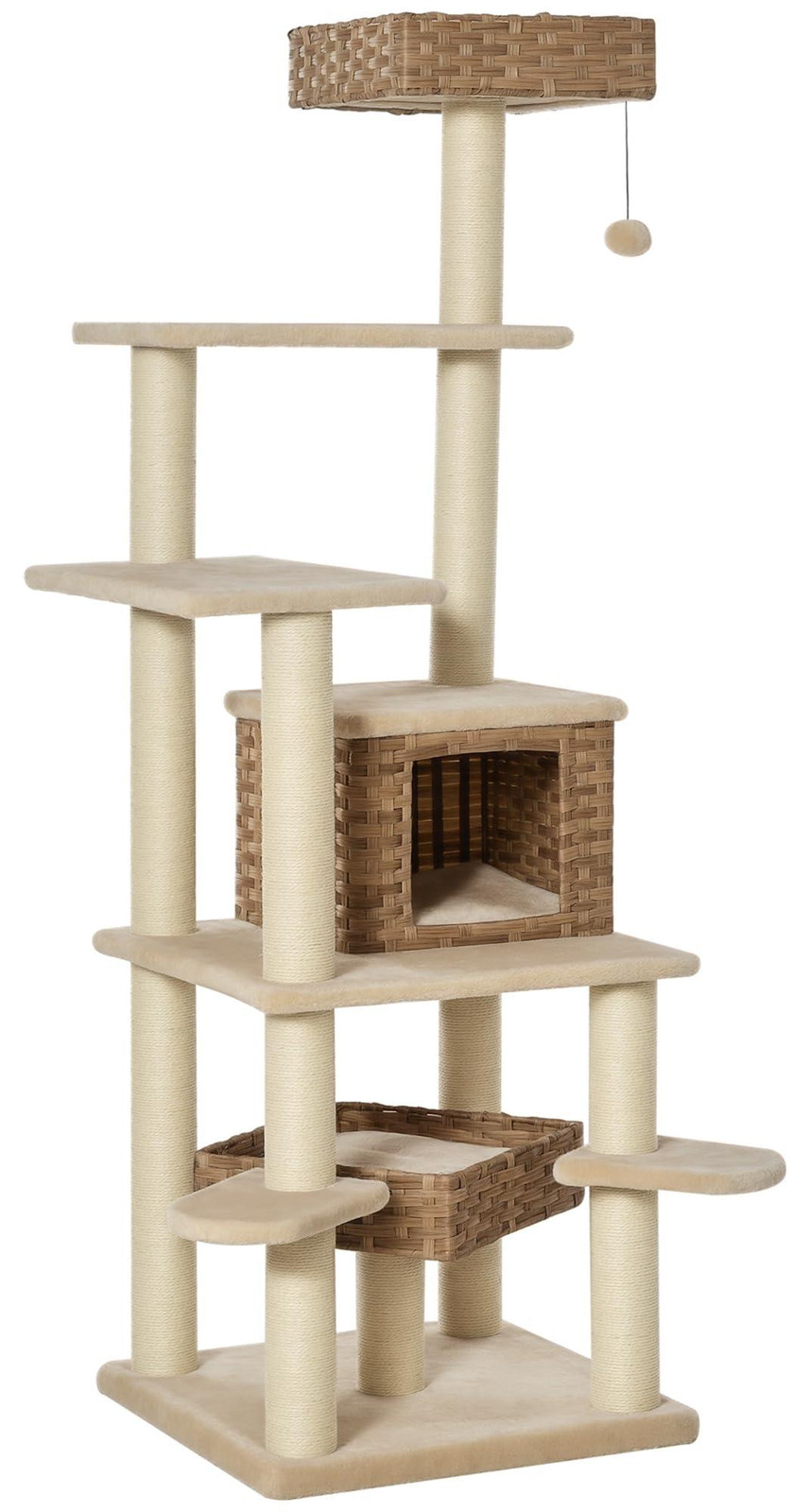 PawHut Krabboom voor katten met kattenhol, riet, meerlaags, beige en bruin, Model D30-377